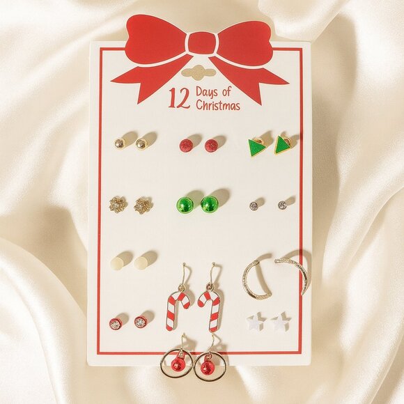 12 Days of Christmas Earring Set – Festive Holiday Studs & Dangles Jewelry Gift - Picture 4 of 10